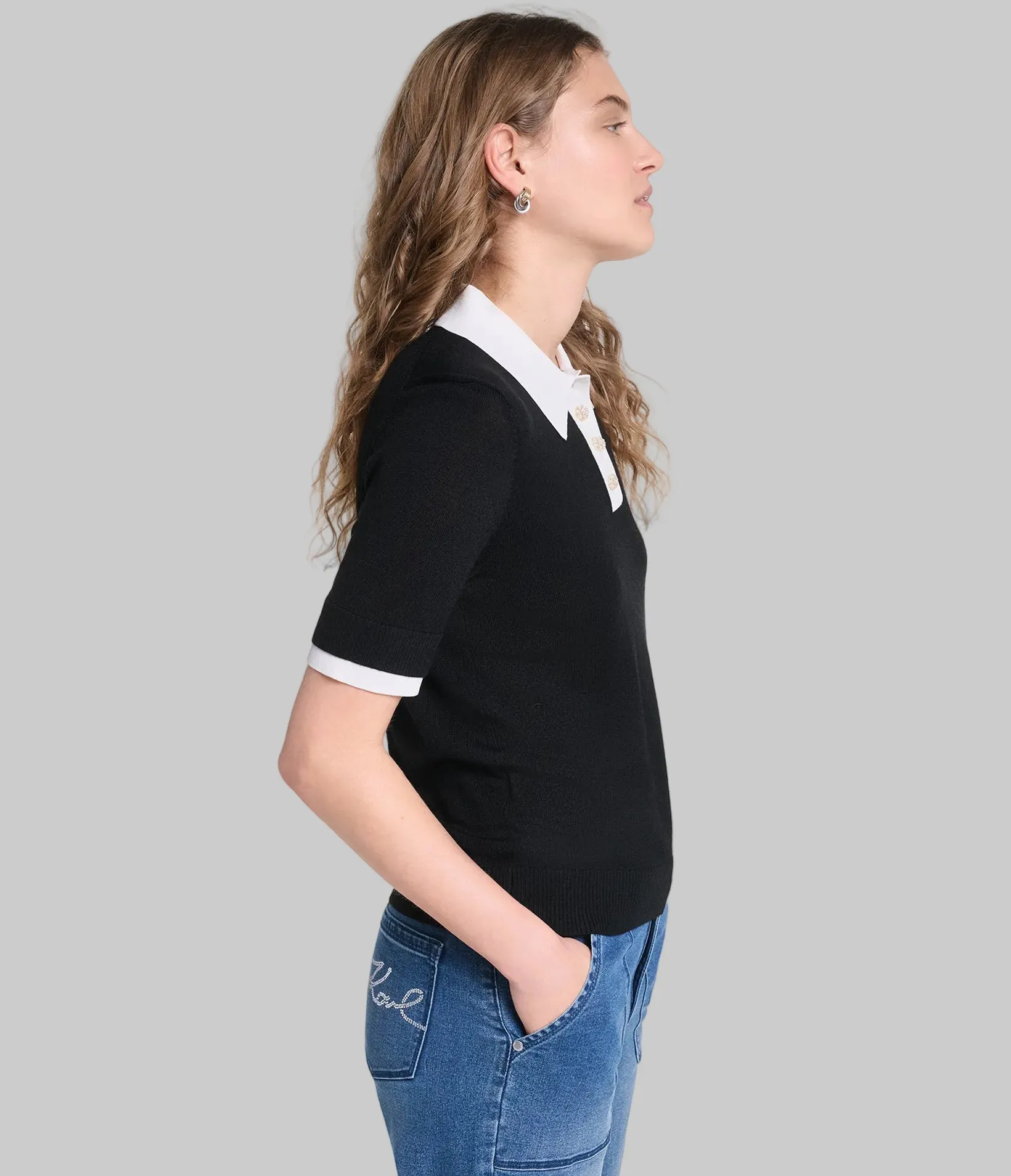 SHORT SLEEVE CONTRAST COLLAR SWEATER sold by Karl Lagerfeld Paris product image thumbnail 3