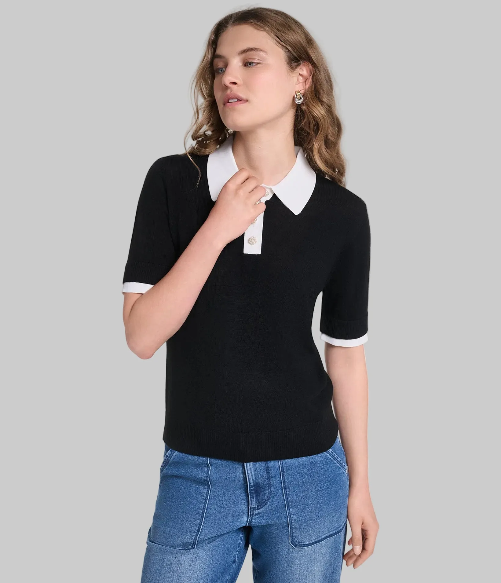 SHORT SLEEVE CONTRAST COLLAR SWEATER sold by Karl Lagerfeld Paris