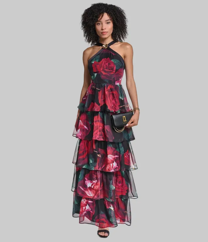 HALTER NECK TIERED PRINTED CHIFFON GOWN made by Karl Lagerfeld Paris