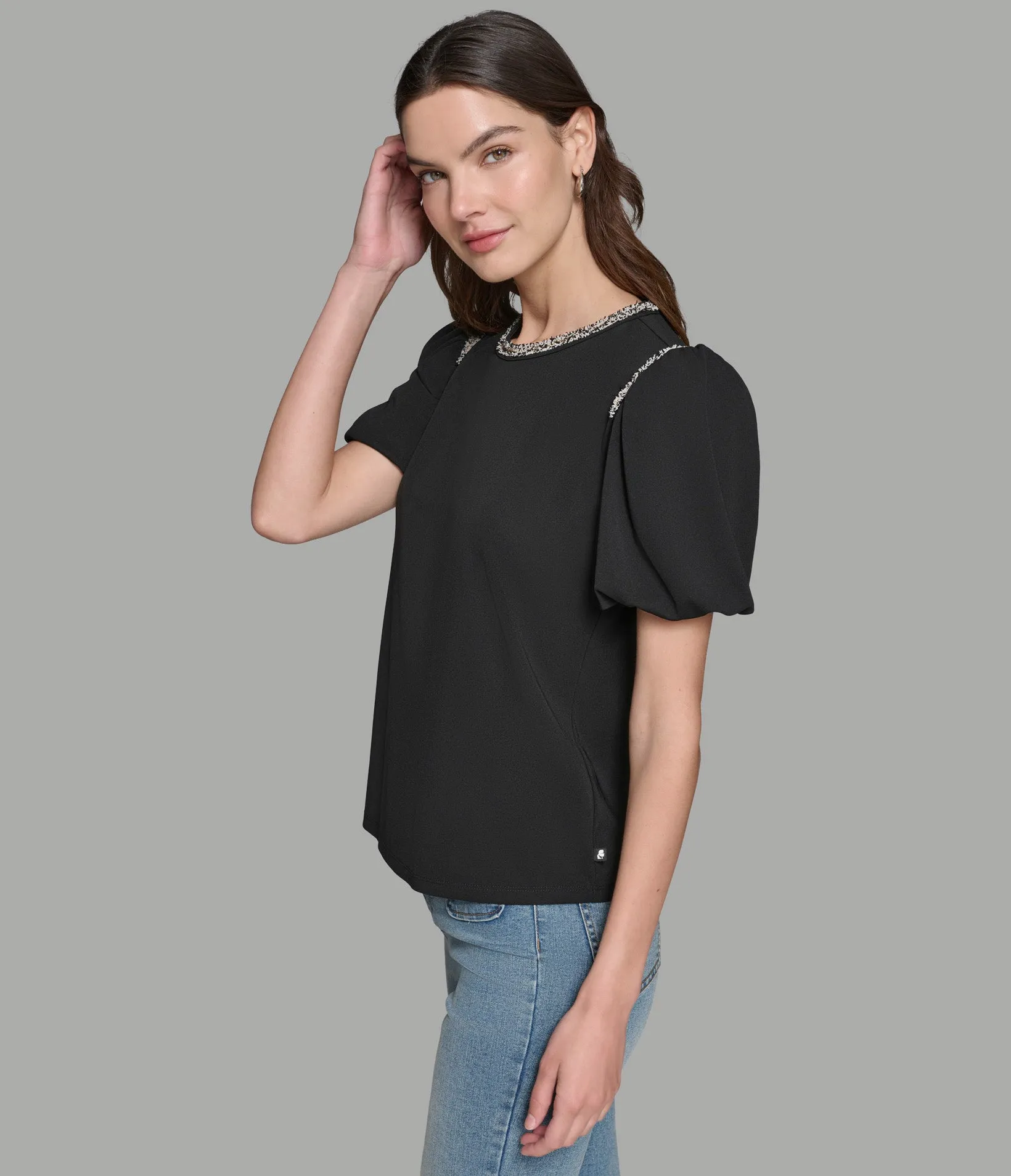 PUFF SLEEVE TOP WITH TWEED TRIM sold by Karl Lagerfeld Paris product image thumbnail 3