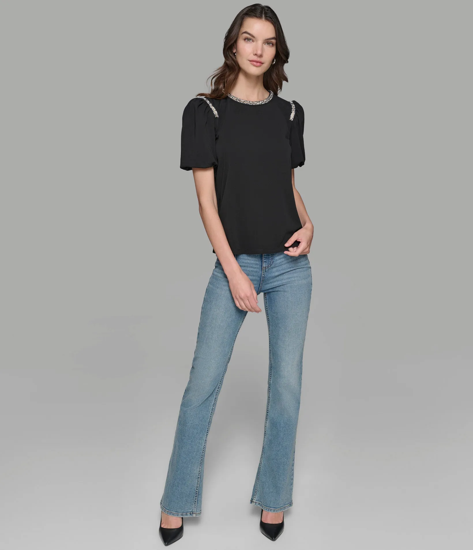 PUFF SLEEVE TOP WITH TWEED TRIM sold by Karl Lagerfeld Paris product image thumbnail 5