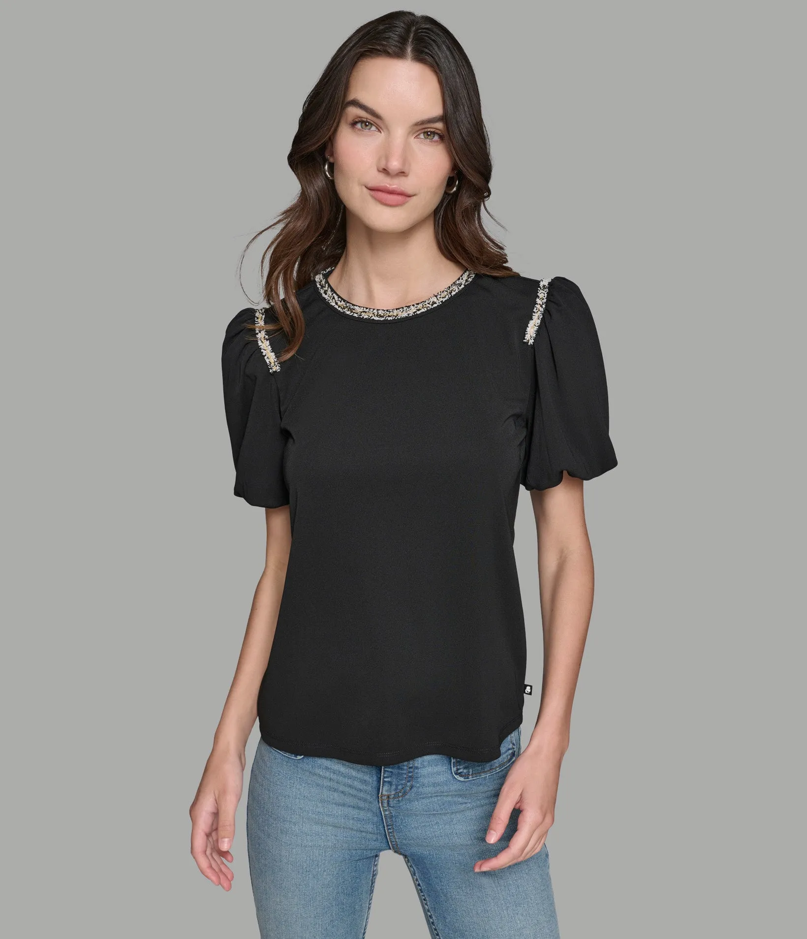 PUFF SLEEVE TOP WITH TWEED TRIM sold by Karl Lagerfeld Paris