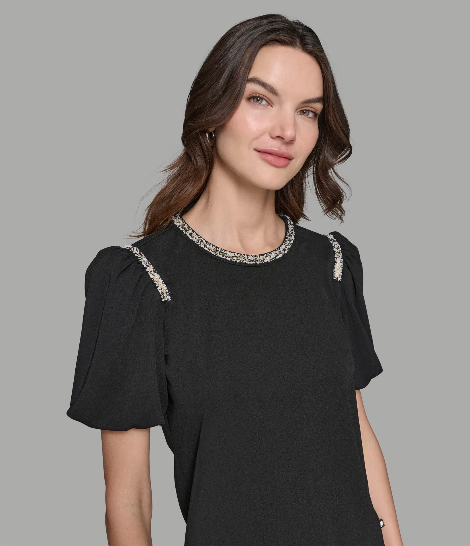 PUFF SLEEVE TOP WITH TWEED TRIM sold by Karl Lagerfeld Paris product image thumbnail 4