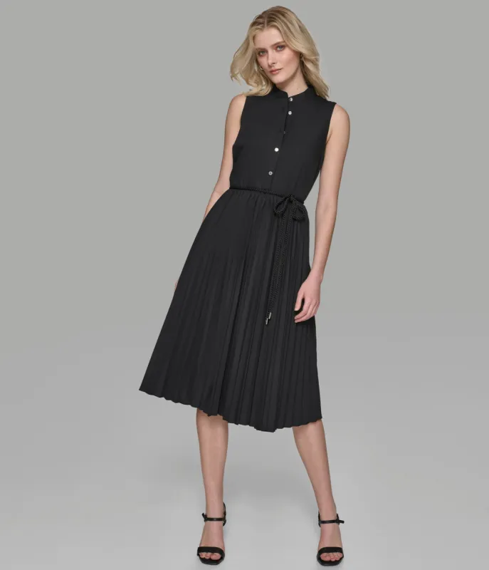 SLEEVELESS PLEATED POPLIN MIDI SHIRT DRESS sold by Karl Lagerfeld Paris