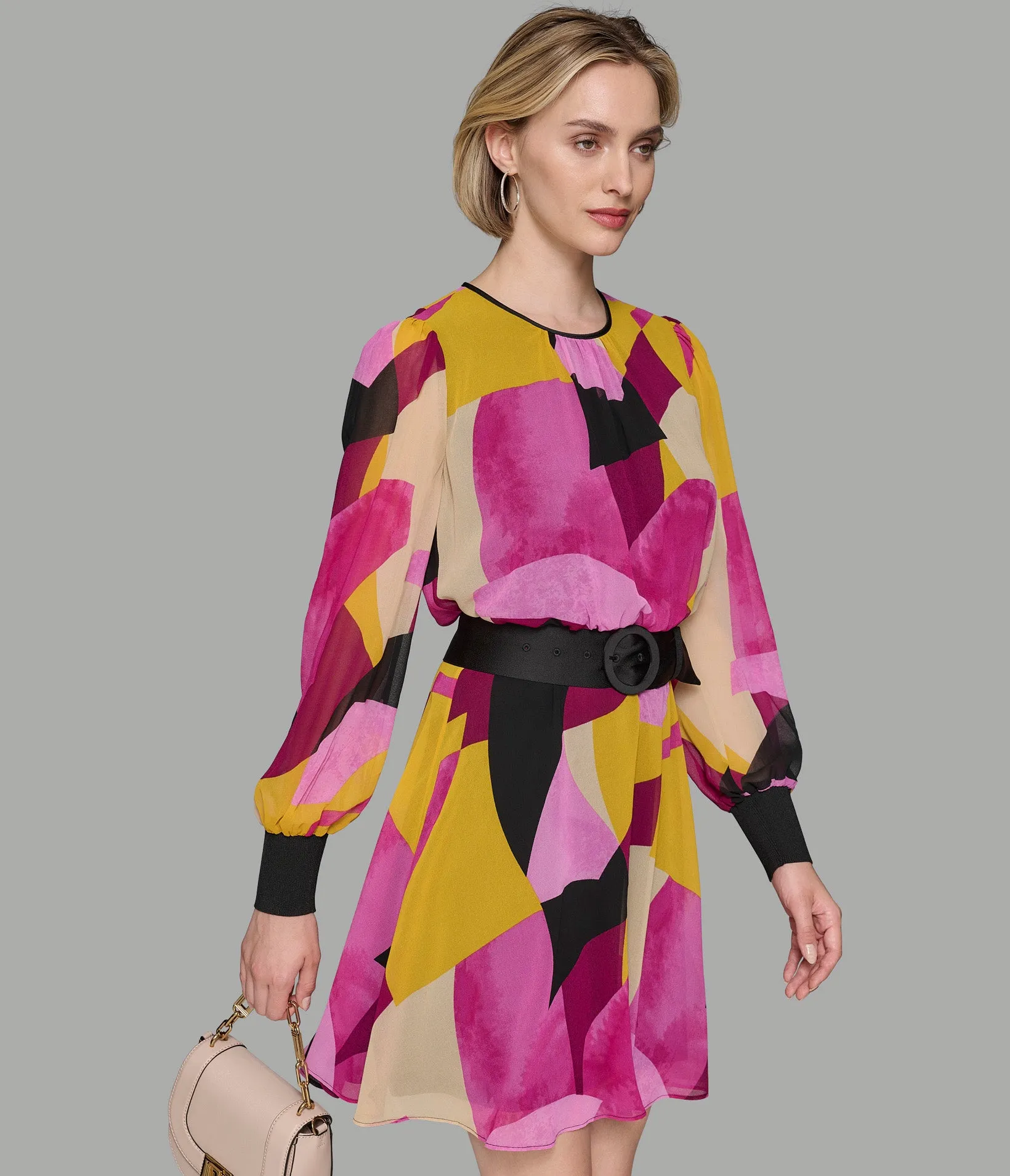 BELTED CHIFFON PRINTED DRESS sold by Karl Lagerfeld Paris product image thumbnail 4