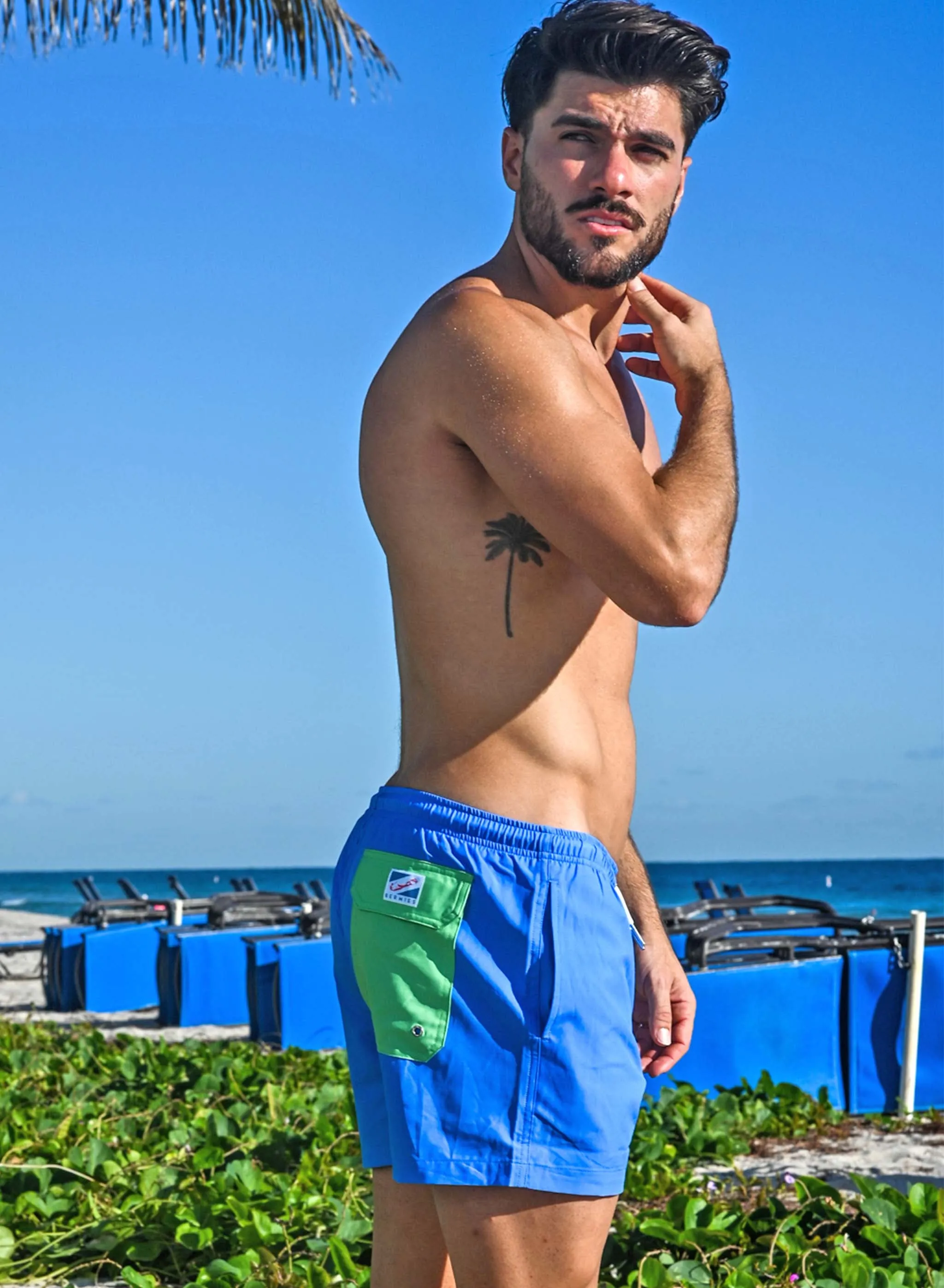 Blue Solid Green Pocket - 3.5" Swim Trunks sold by Bermies