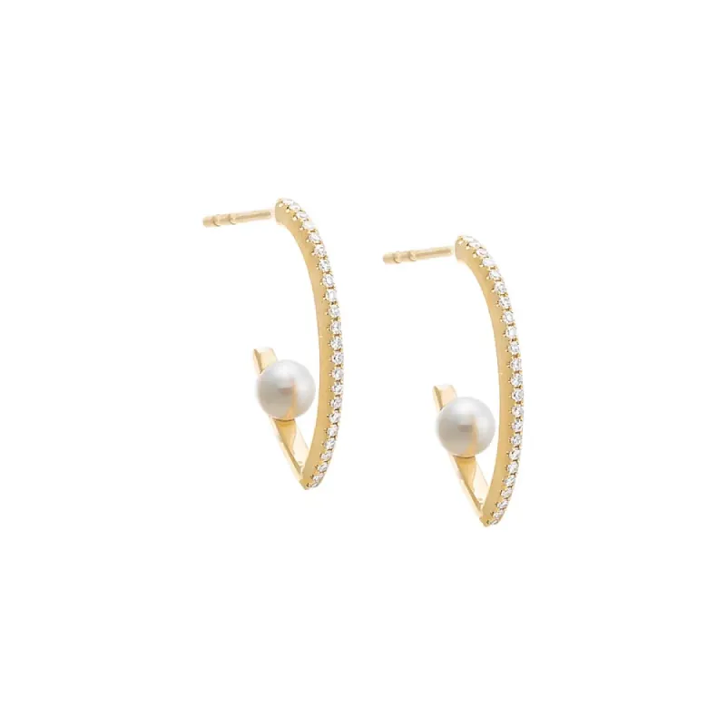 Diamond Pave Elongated Open Pearl Hoop Earring 14K sold by Adina Eden's