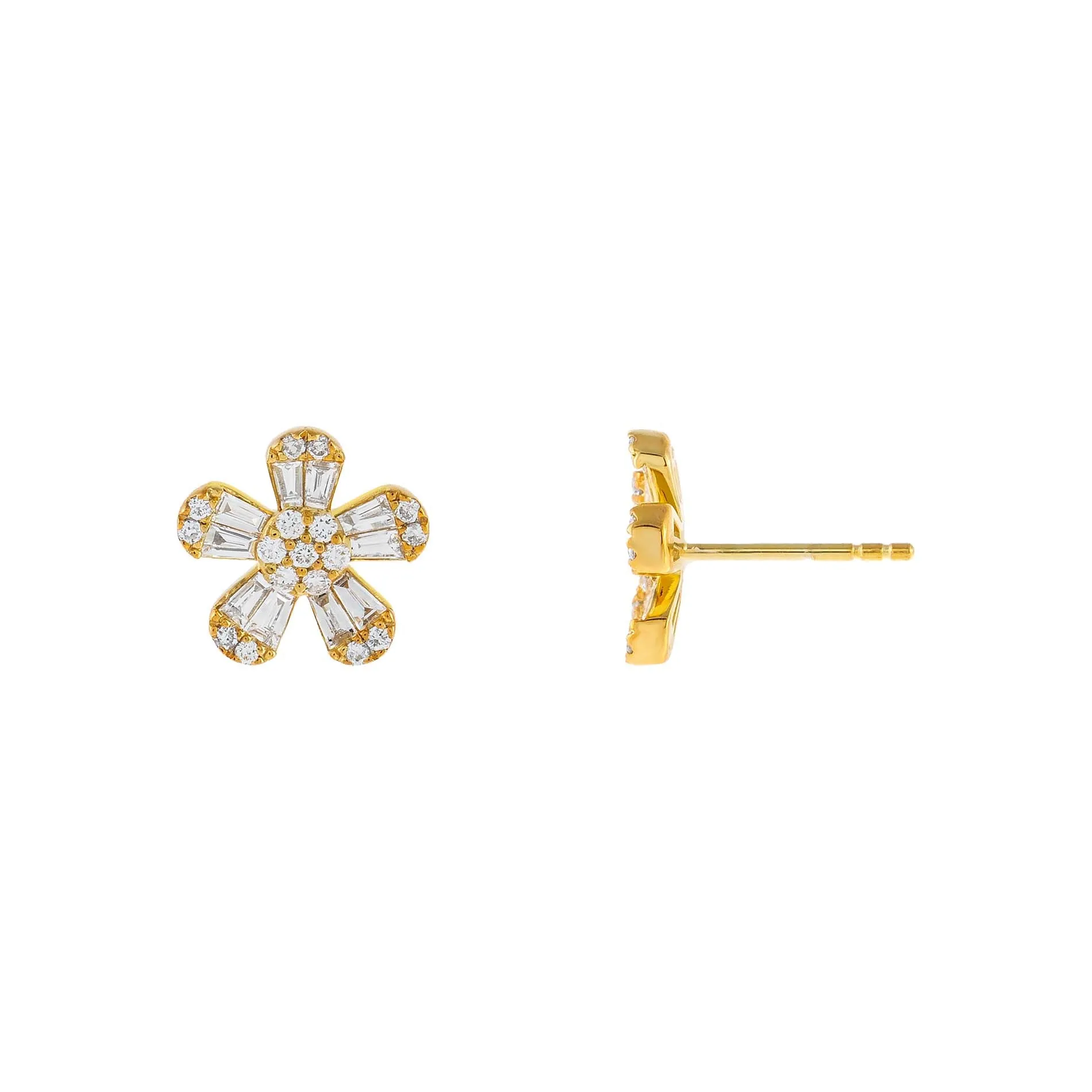Diamond Flower Baguette Stud Earring 14K sold by Adina Eden's