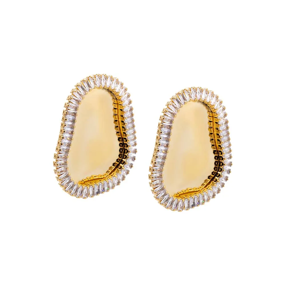 CZ Baguette Rimmed Fluid Gold Stud Earring sold by Adina Eden's