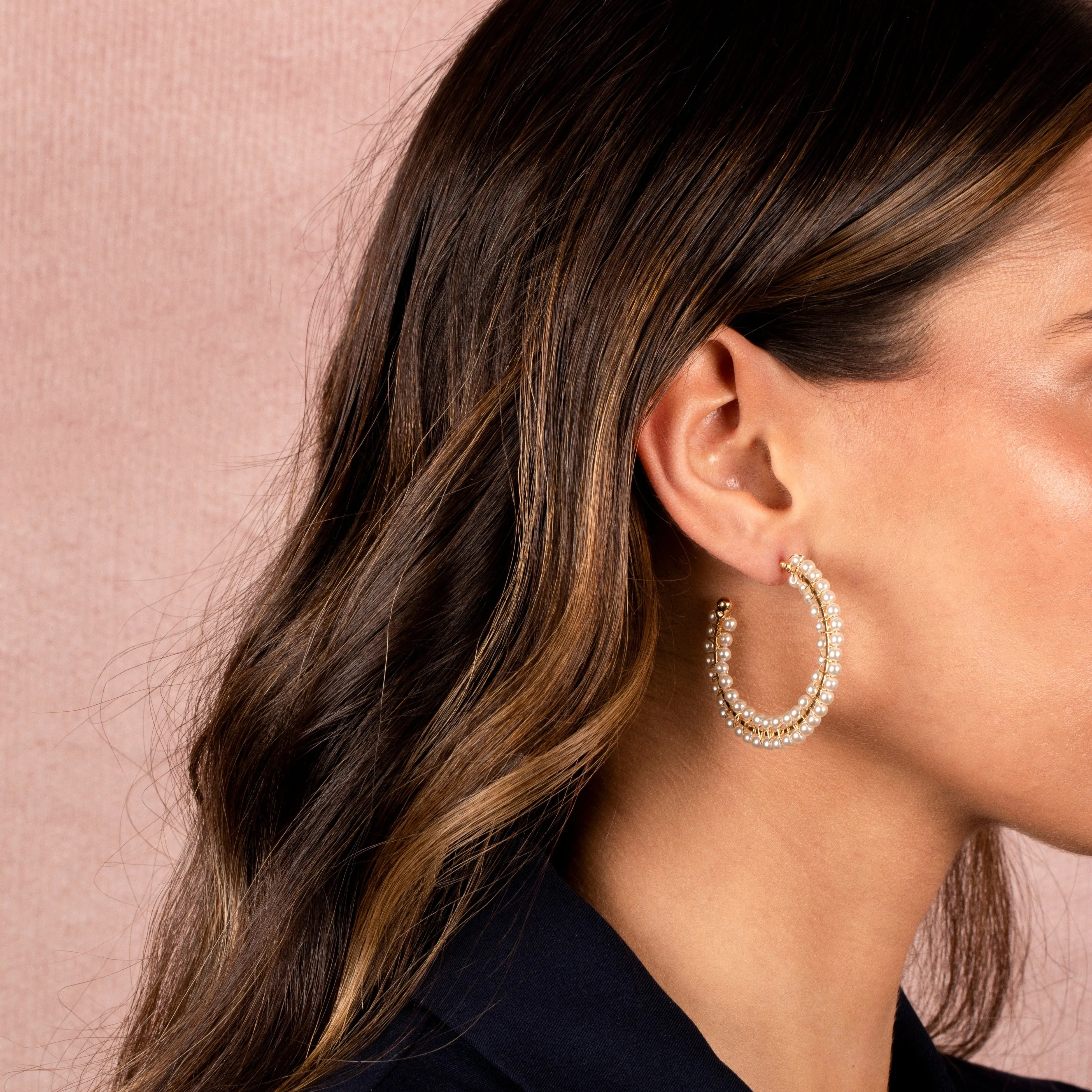 Double Row Pearl Embedded Hoop Earring sold by Adina Eden's product image thumbnail 2