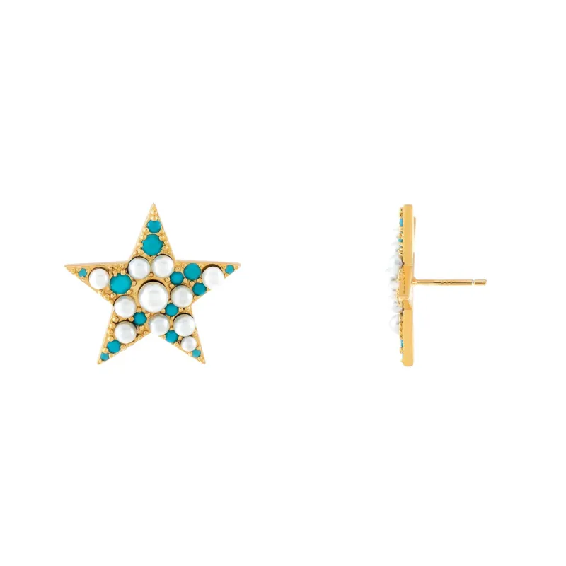 Pearl X Turquoise Star Stud Earring sold by Adina Eden's