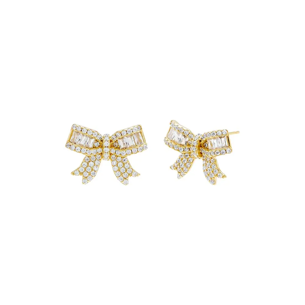 Pave X Baguette Mini Bow Tie Stud Earring sold by Adina Eden's