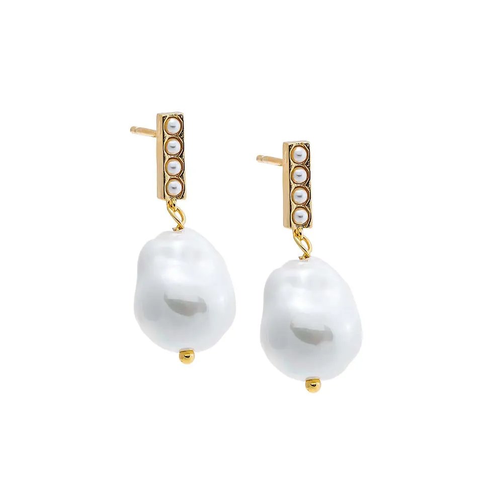 Pave Bar X Dangling Baroque Pearl Stud Earring sold by Adina Eden's