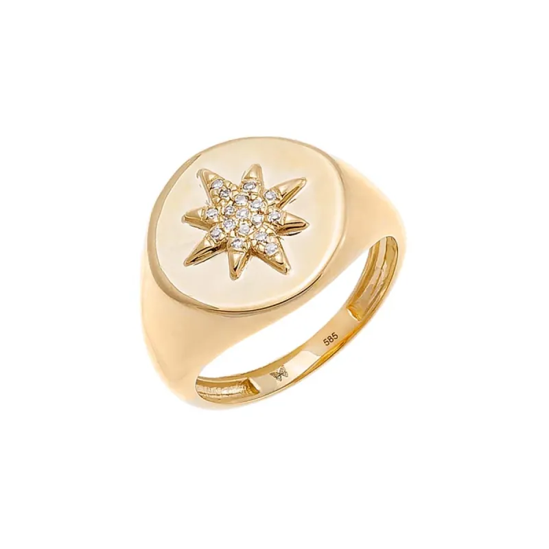 Diamond Pave Starburst Signet Pinky Ring 14K sold by Adina Eden's