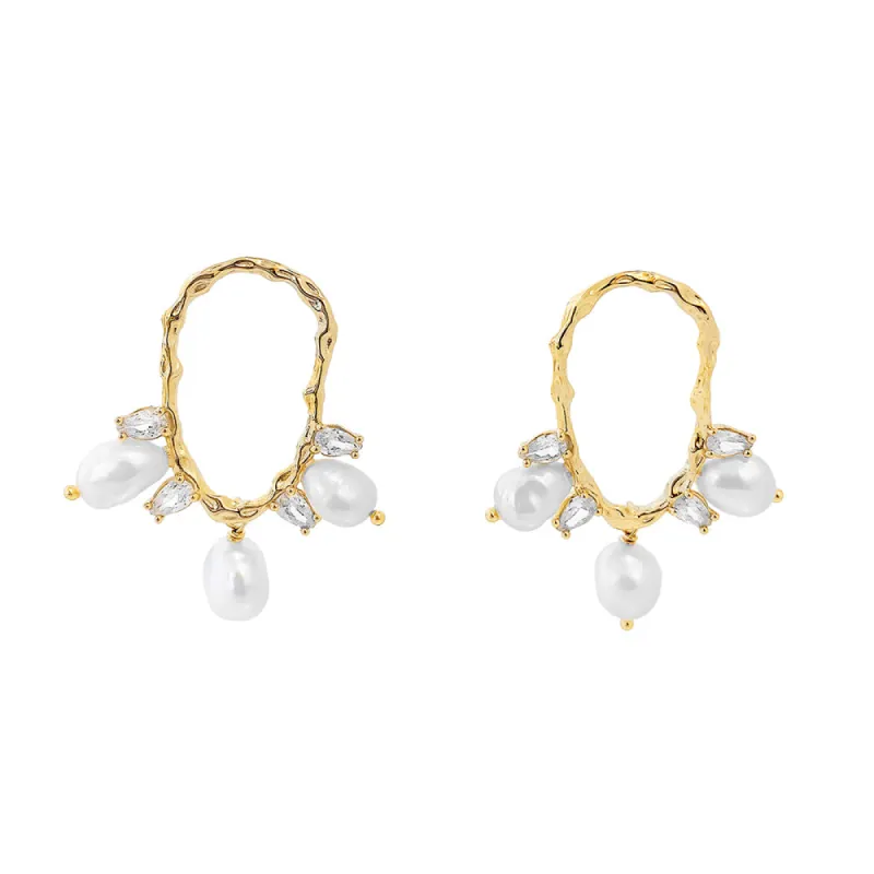 CZ X Pearl Bamboo Hoop Earring sold by Adina Eden's