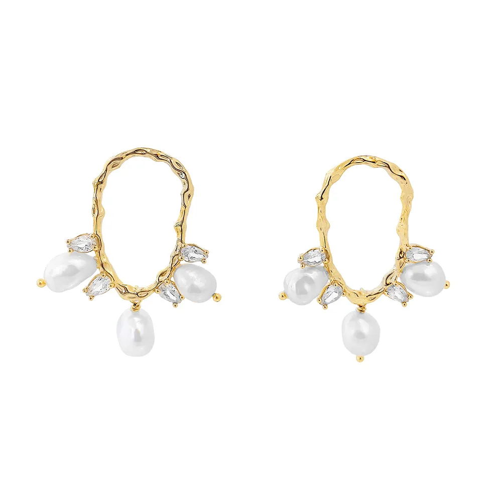 CZ X Pearl Bamboo Hoop Earring sold by Adina Eden's