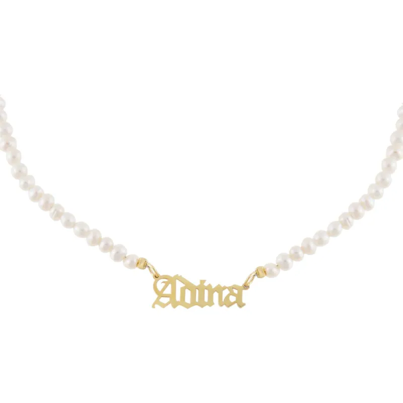 Gothic Pearl Nameplate Necklace sold by Adina Eden's