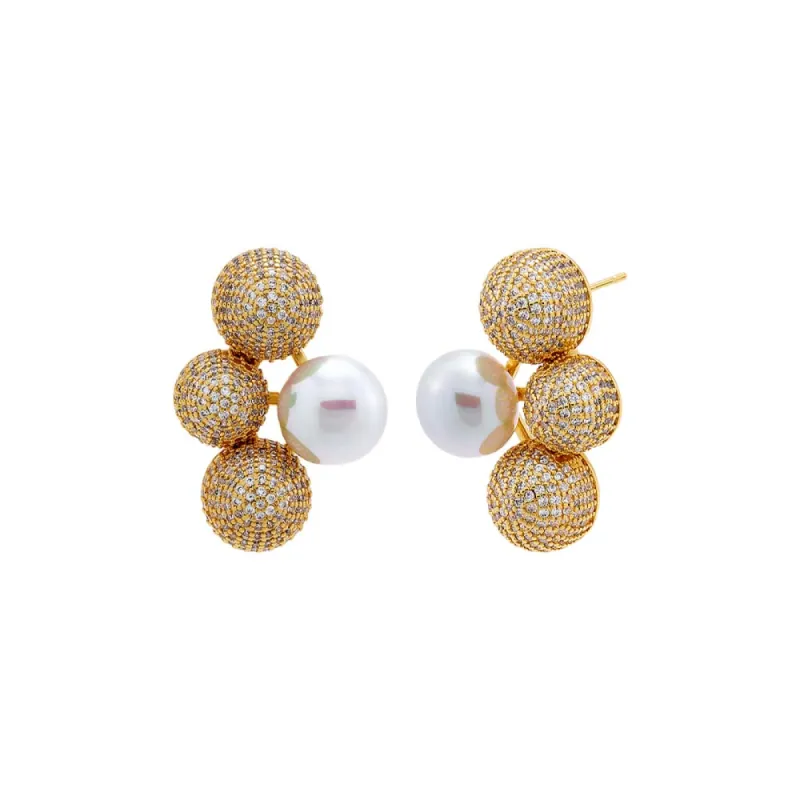 Pave Triple Ball X Pearl On The Ear Stud Earring sold by Adina Eden's