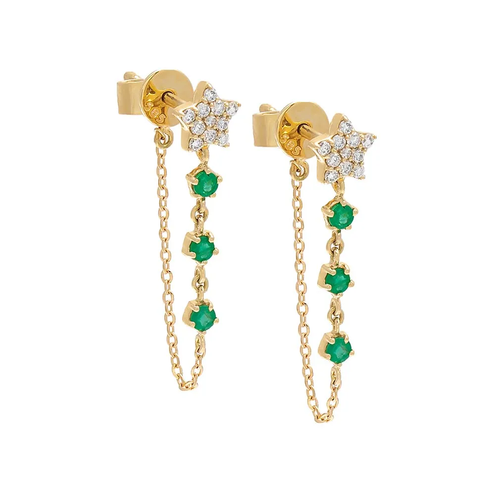 Diamond Star X Gemstones Chain Stud Earring 14K sold by Adina Eden's