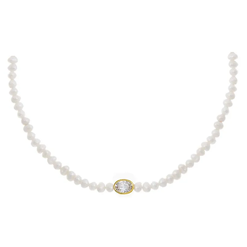 CZ Oval Bezel Pearl Choker sold by Adina Eden's