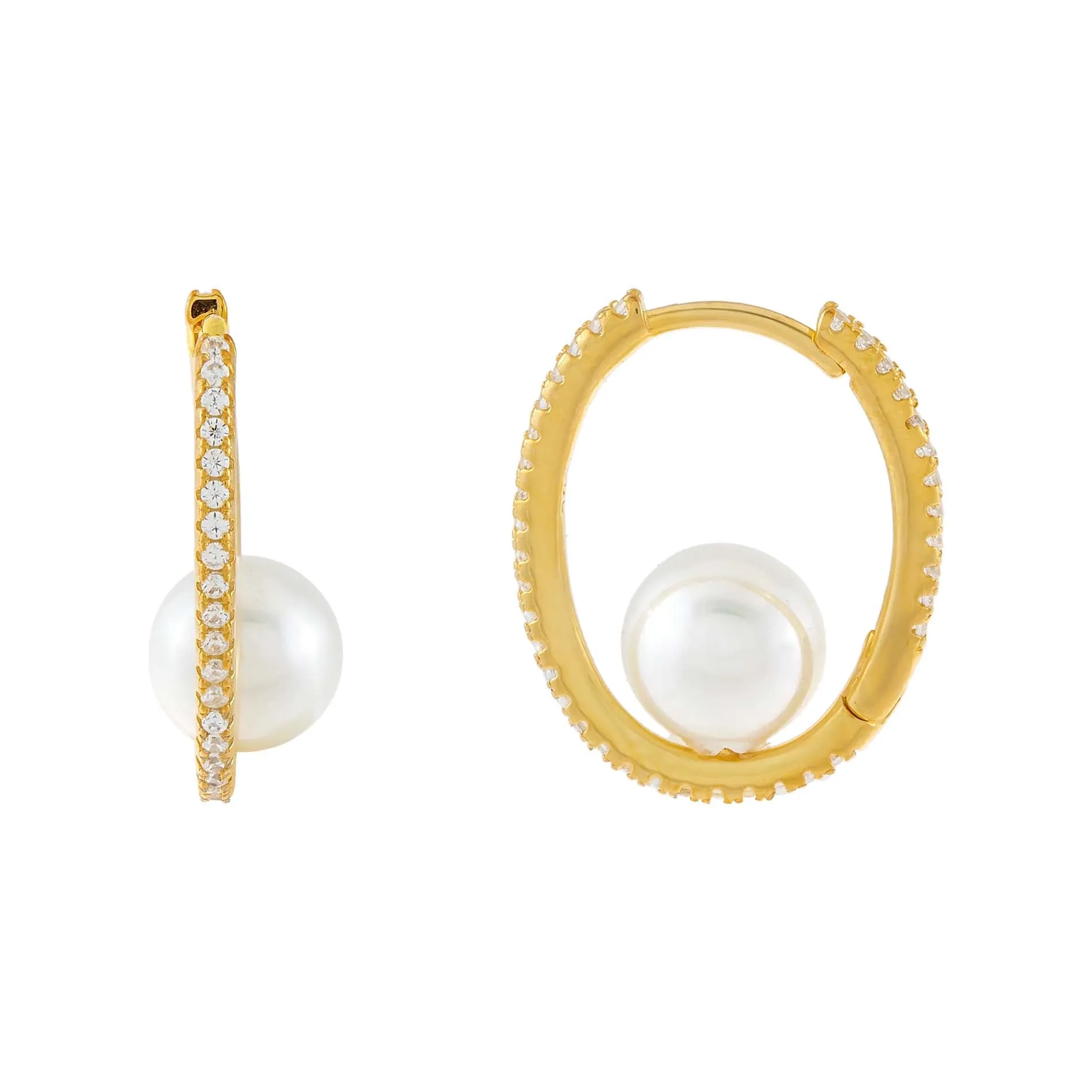 CZ X Pearl Oval Hoop Earring sold by Adina Eden's