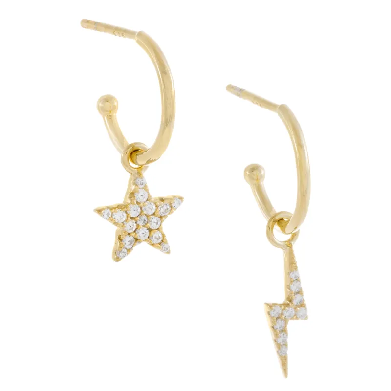 Pavé Star X Lightning Bolt Hoop Earring sold by Adina Eden's