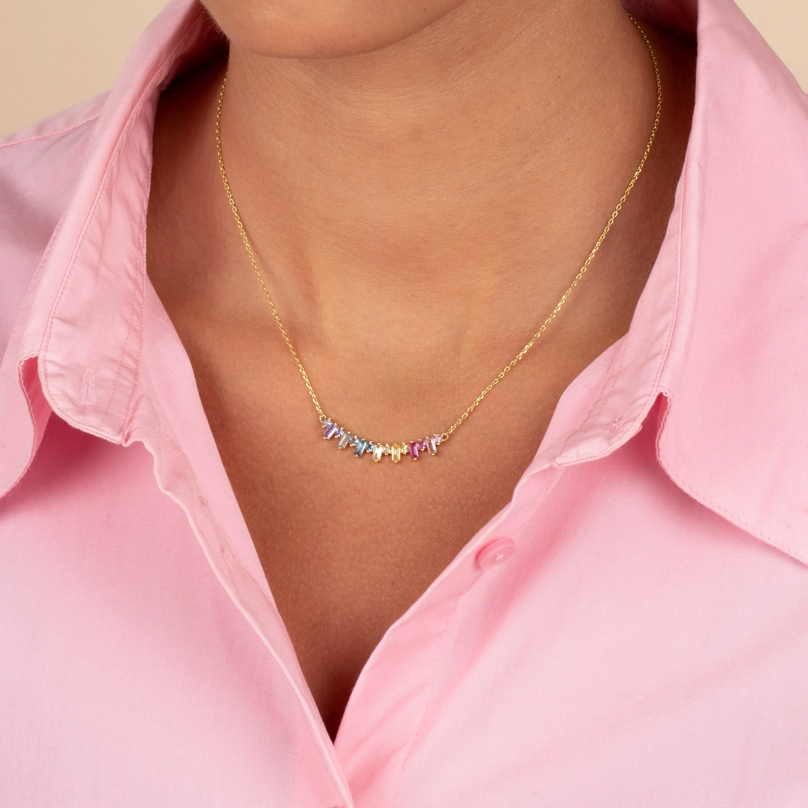 Multi Colored Solitaire X Baguette Bar Necklace sold by Adina Eden's product image thumbnail 2