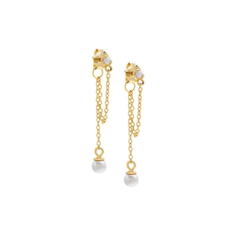 CZ X Pearl Double Chain Front Back Stud Earring sold by Adina Eden's