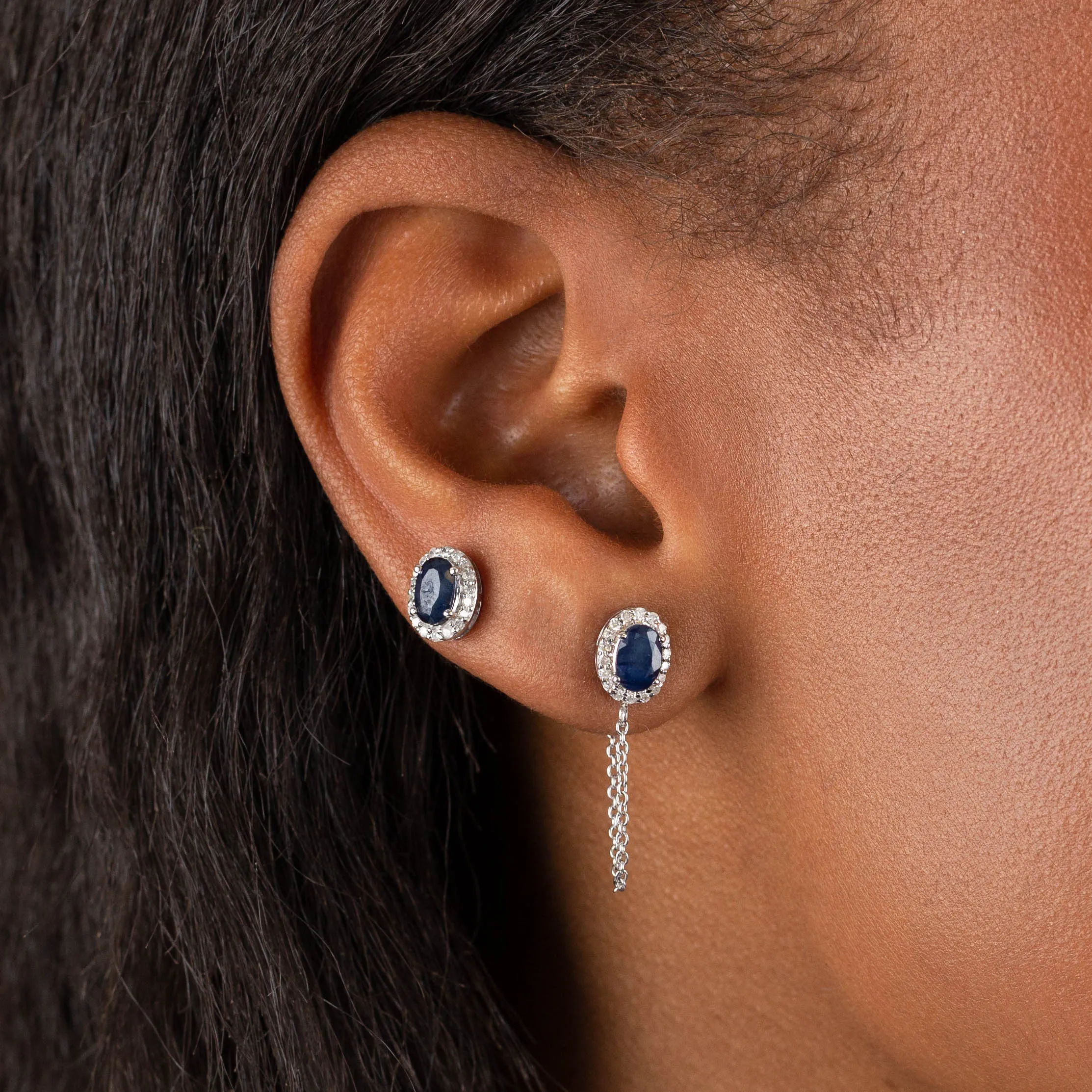 Diamond X Sapphire Oval Chain Stud Earring 14K sold by Adina Eden's product image thumbnail 2