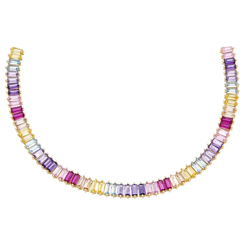Pastel Multi Colored Baguette Tennis Necklace sold by Adina Eden's