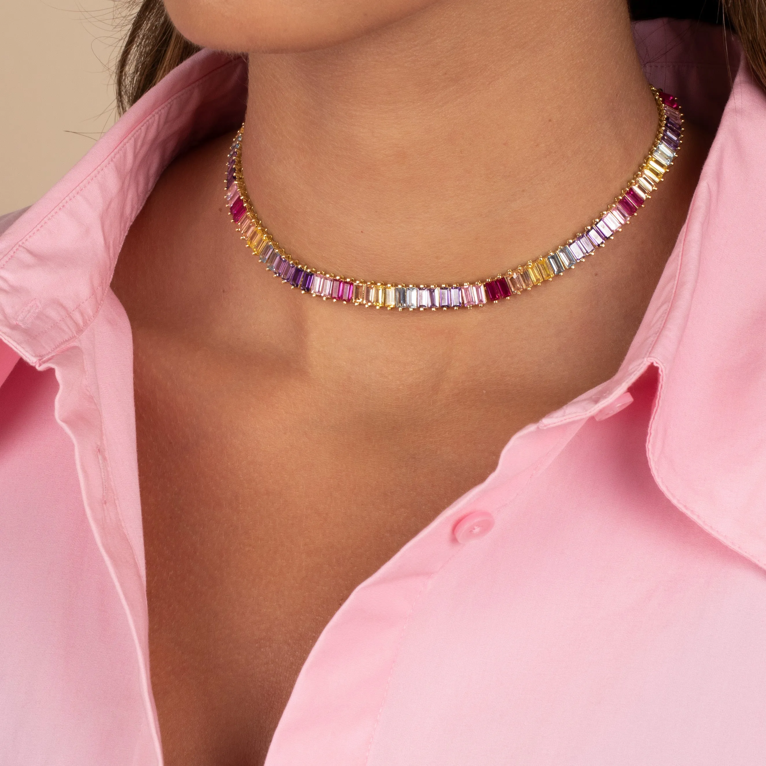 Pastel Multi Colored Baguette Tennis Necklace sold by Adina Eden's product image thumbnail 2