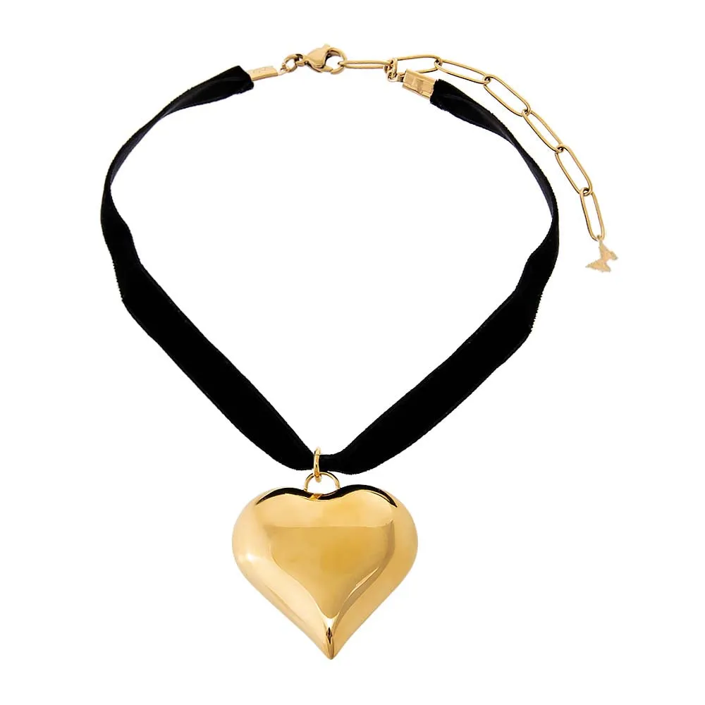 Large Puffy Chunky Heart Necklace Black Velvet Choker sold by Adina Eden's