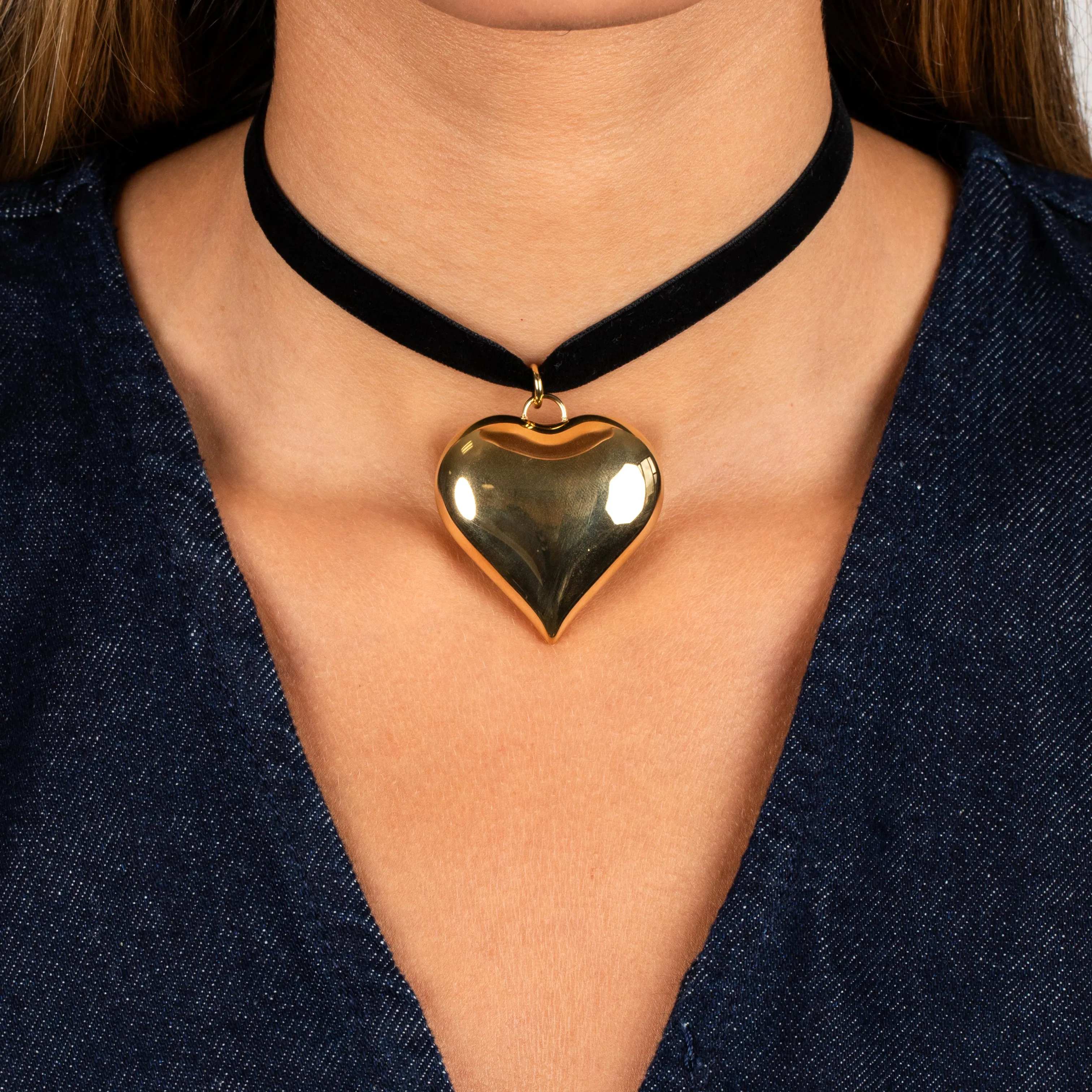Large Puffy Chunky Heart Necklace Black Velvet Choker sold by Adina Eden's product image thumbnail 2