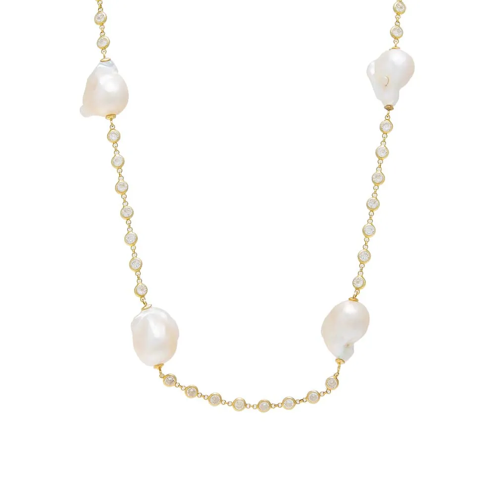 CZ Bezel Chain Baroque Pearl Necklace sold by Adina Eden's