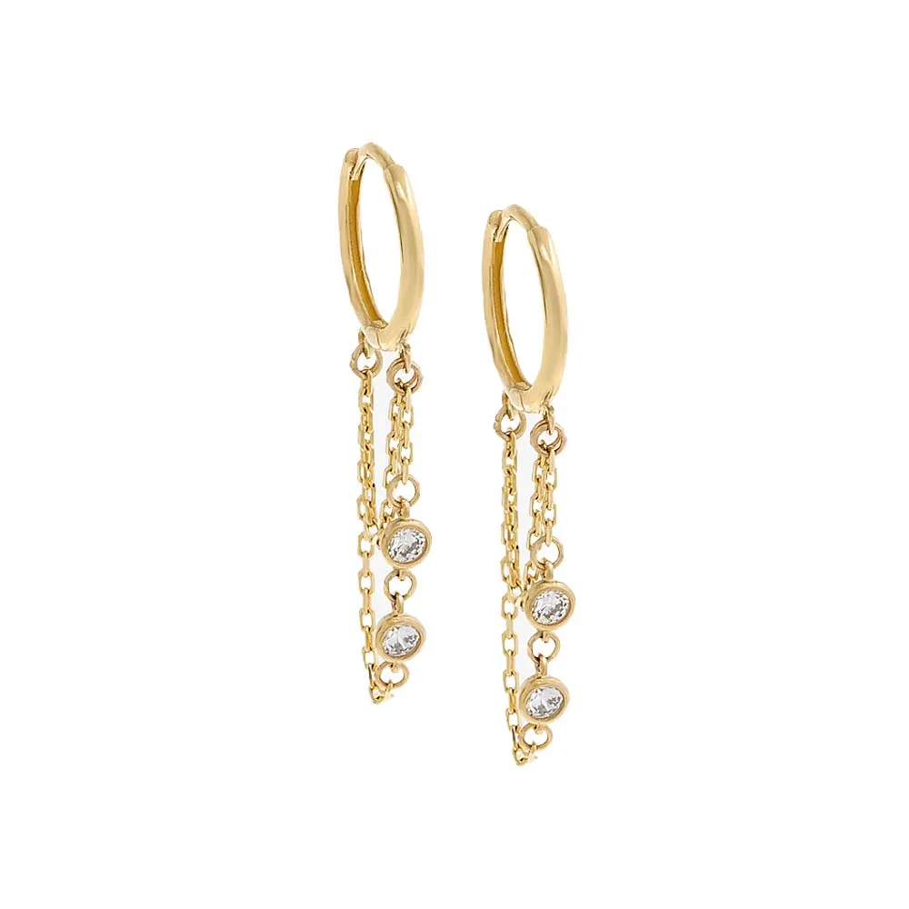 CZ Double Bezel Drop Chain Huggie Earring 14K sold by Adina Eden's