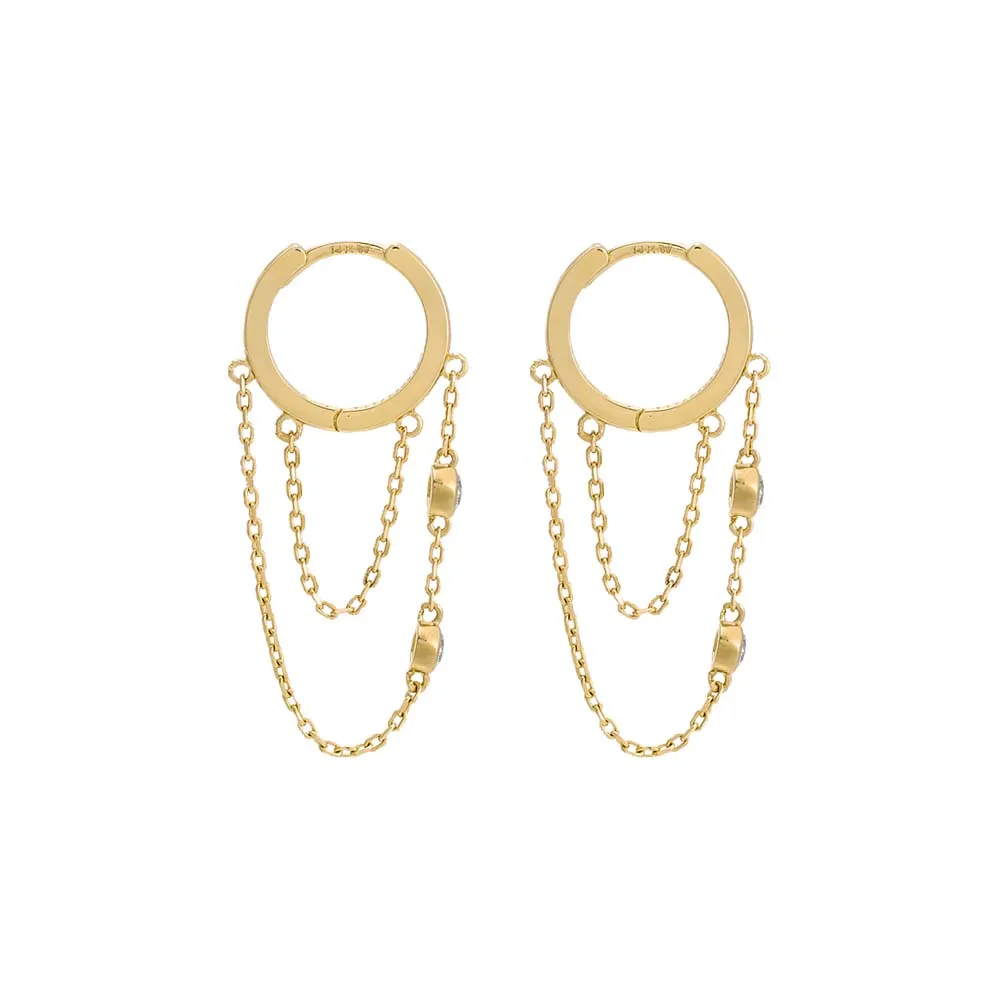 CZ Double Bezel Drop Chain Huggie Earring 14K sold by Adina Eden's product image thumbnail 2