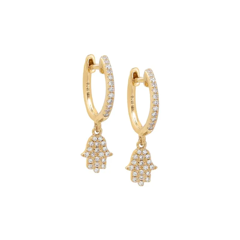 Diamond Dangling Pavé Hamsa Huggie Earring 14K sold by Adina Eden's