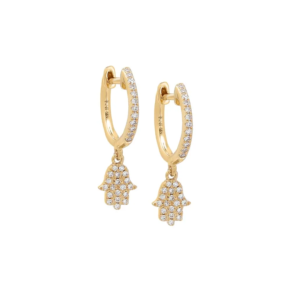 Diamond Dangling Pavé Hamsa Huggie Earring 14K sold by Adina Eden's