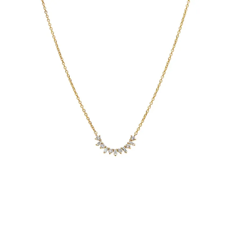 Diamond Baguette X Solitaire Curved Bar Necklace 14K sold by Adina Eden's