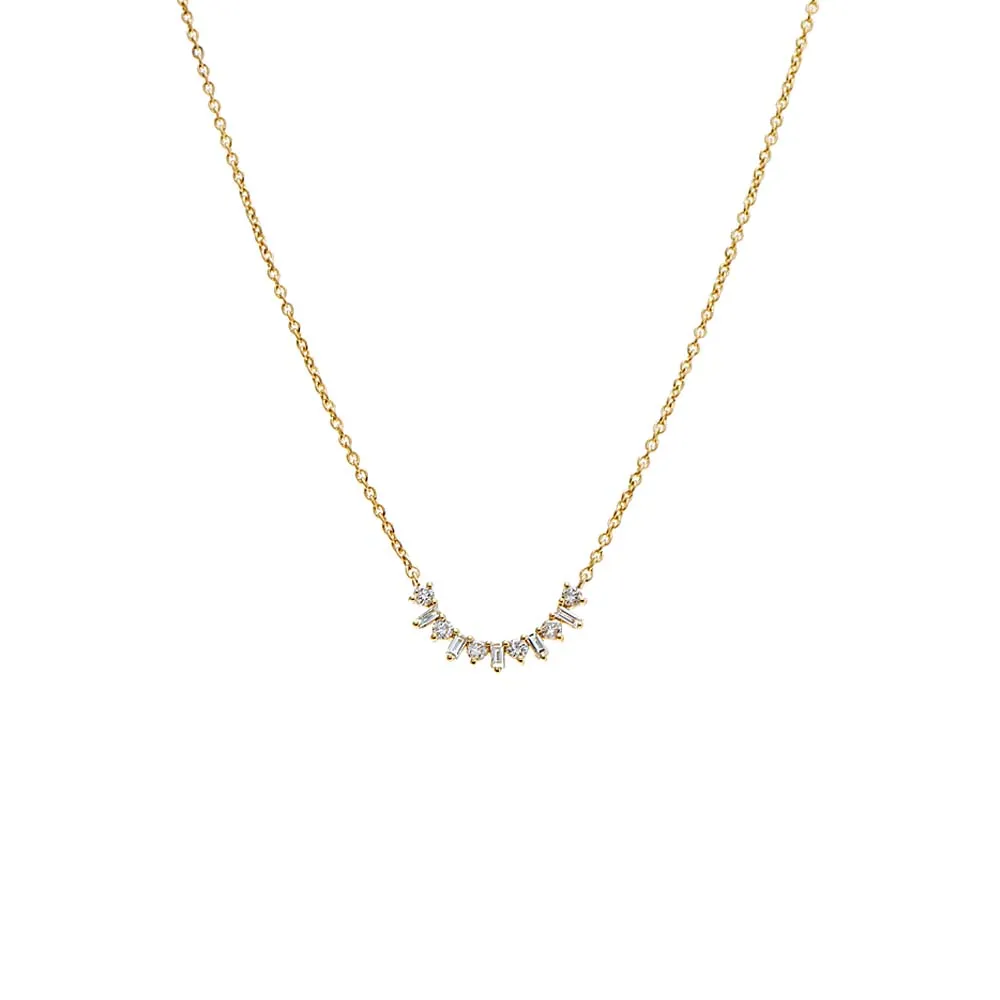 Diamond Baguette X Solitaire Curved Bar Necklace 14K sold by Adina Eden's