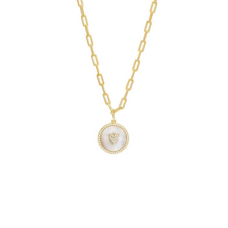 Pave Mother Of Pearl Heart Coin Chain Necklace sold by Adina Eden's