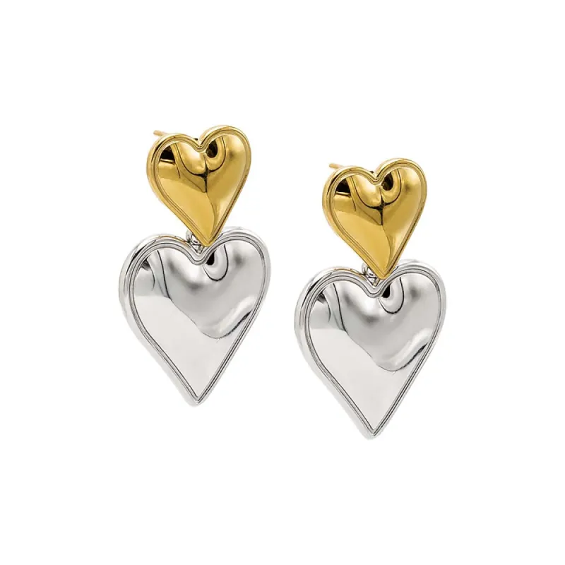 Two Tone Double Heart Drop Stud Earring sold by Adina Eden's