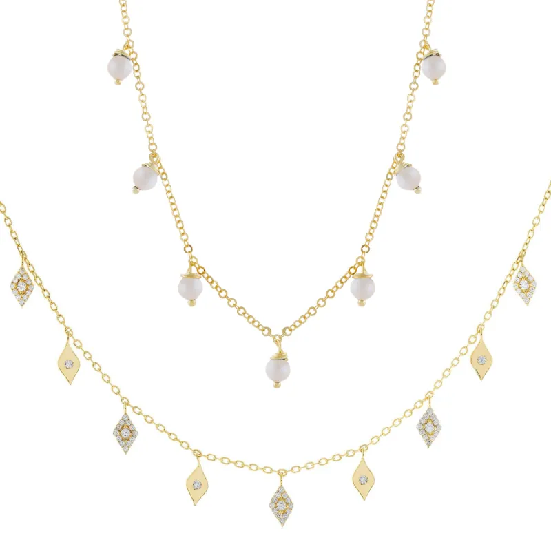 Pearl X CZ Dangling Necklace Combo Set sold by Adina Eden's