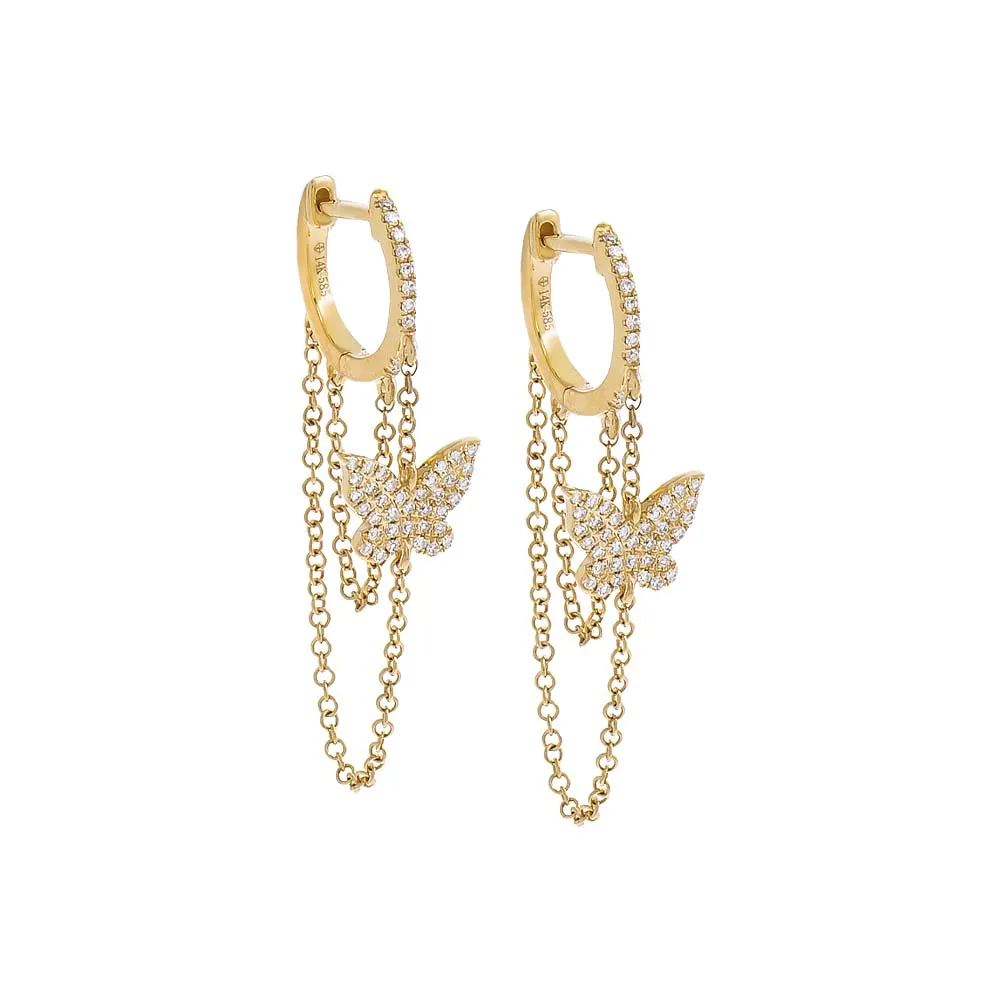 Diamond Pavé Butterfly Chain Drop Huggie Earring 14K sold by Adina Eden's