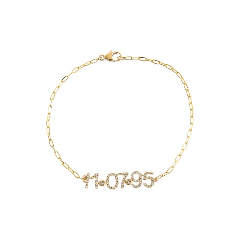 Diamond Pave Date Nameplate Paperclip Bracelet 14K sold by Adina Eden's