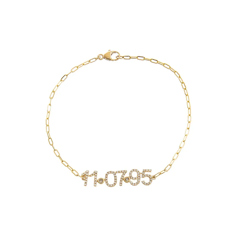 Diamond Pave Date Nameplate Paperclip Bracelet 14K sold by Adina Eden's