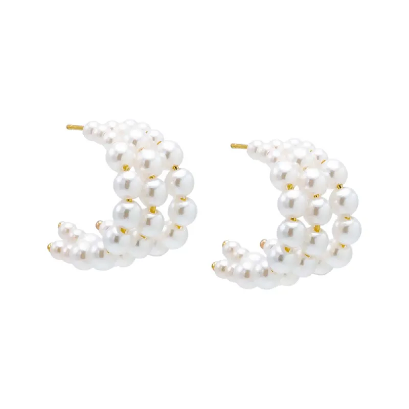 Triple Pearl Open Hoop Stud Earring sold by Adina Eden's
