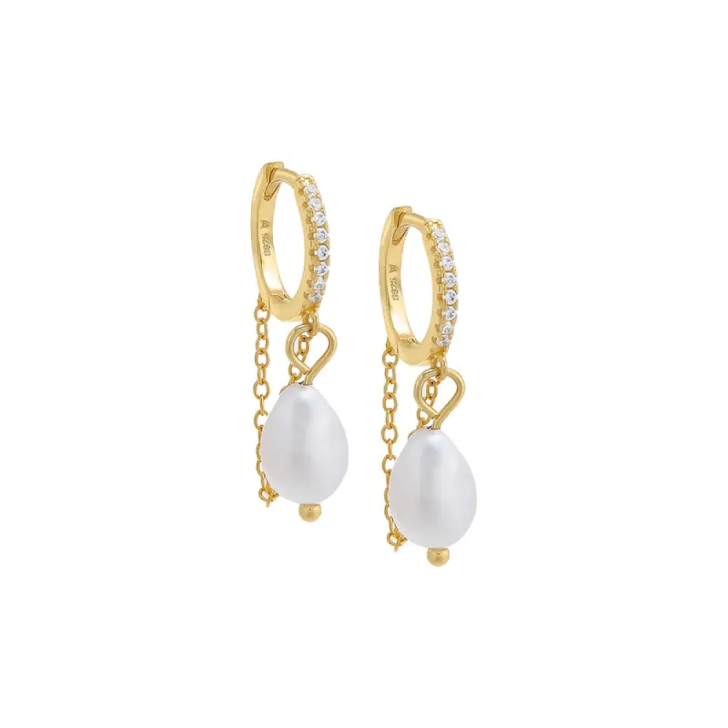 Dangling Pearl Chain Huggie Earring sold by Adina Eden's