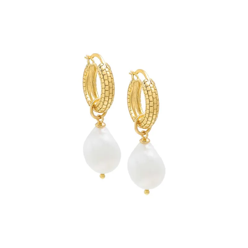 Textured Hoop X Pearl Drop Earring sold by Adina Eden's