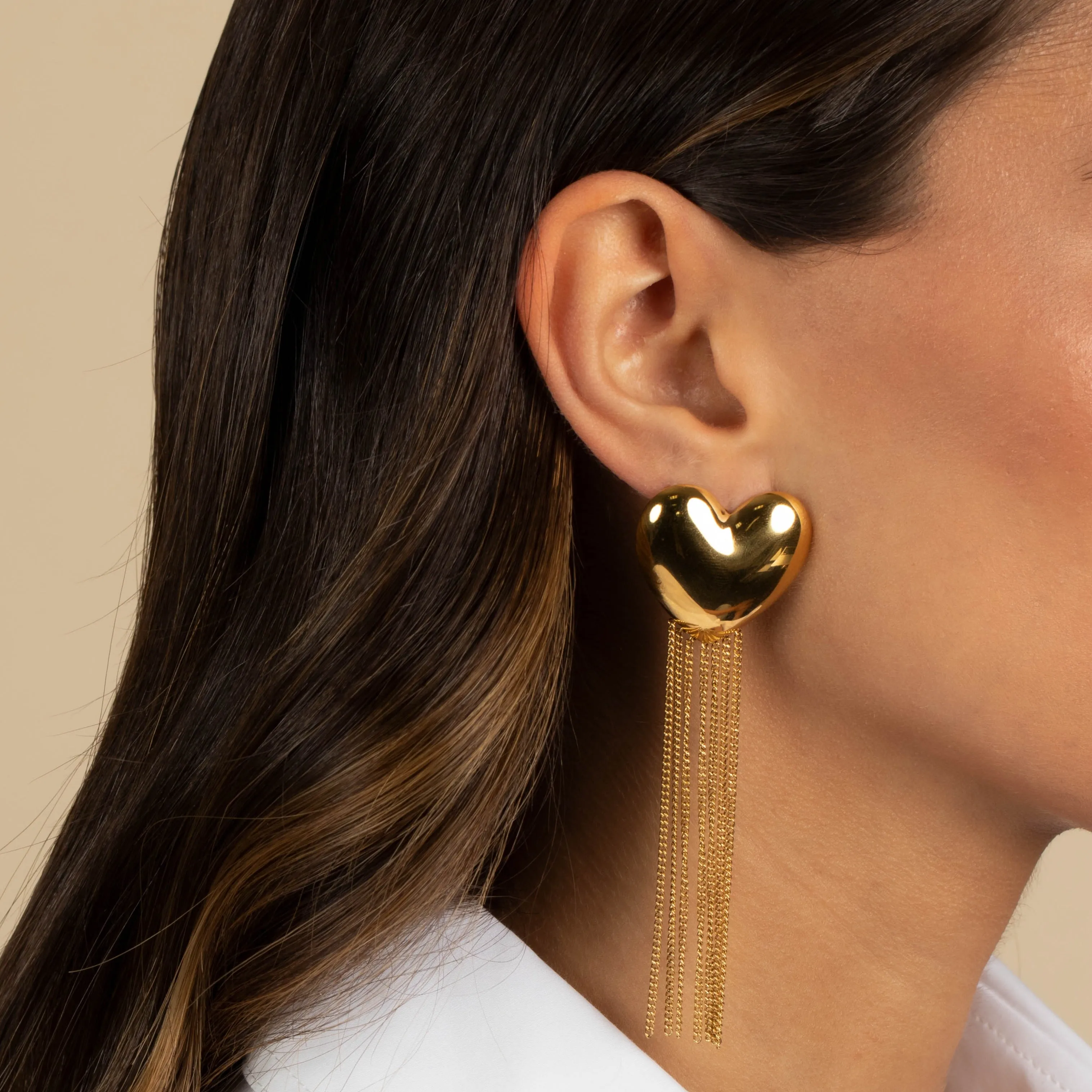 Puffy Heart Fringe Chain Drop Stud Earring sold by Adina Eden's product image thumbnail 2